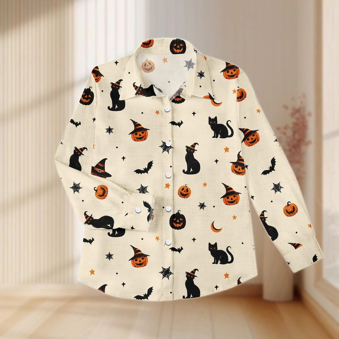 Women's Halloween Black Cat Pumpkin Print Casual Shirt - Image 4
