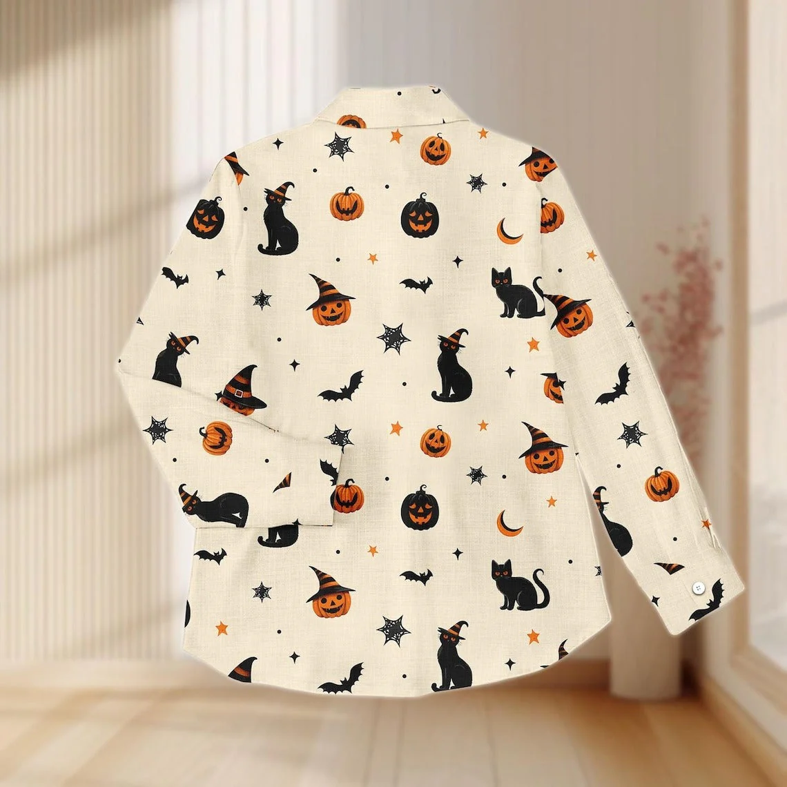 Women's Halloween Black Cat Pumpkin Print Casual Shirt - Image 5