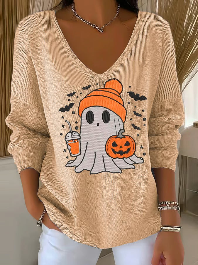 Women's Halloween Cute Ghost Casual V Neck Pullover Sweater - Image 2