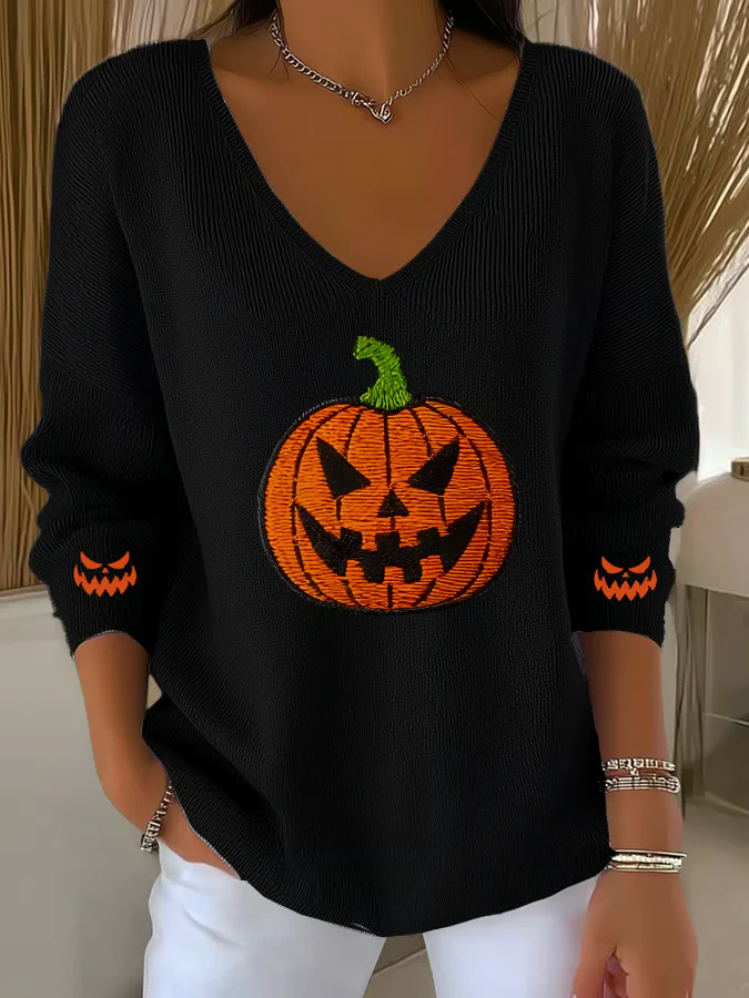 Women's Halloween Pumpkin Casual V Neck Pullover Sweater - Image 2