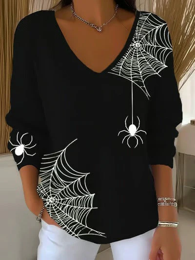 Women's Halloween Spider Web Casual V Neck Pullover Sweater - Image 2