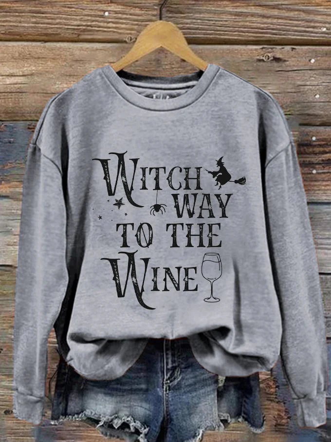 Women's Halloween Witch Way To The Wine Print Sweatshirt - Image 4