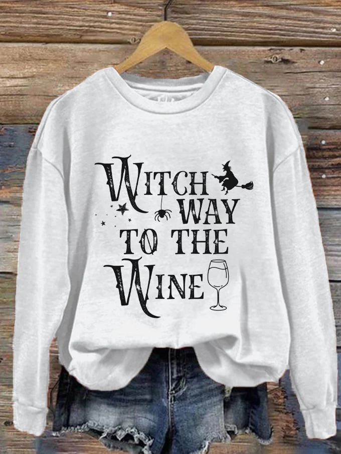 Women's Halloween Witch Way To The Wine Print Sweatshirt - Image 5