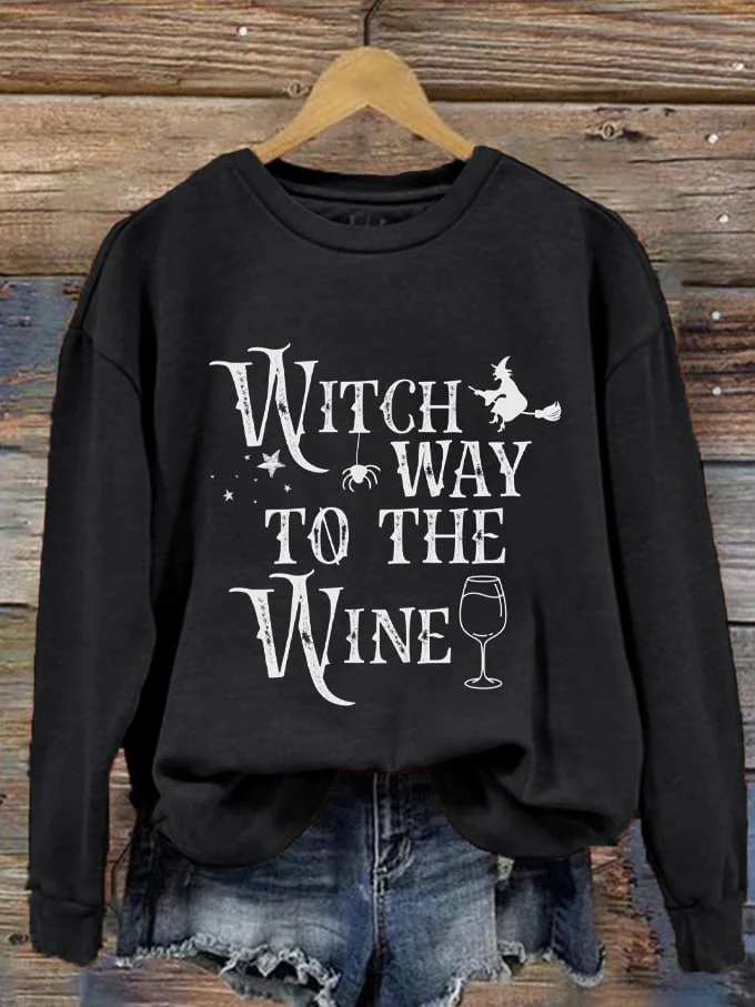 Women's Halloween Witch Way To The Wine Print Sweatshirt - Image 6