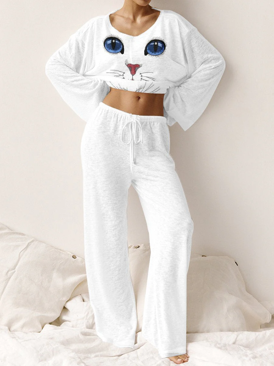 Women's Hand-painted Cat Face Pattern Knitted Round Neck Long Sleeve Suit - Image 2