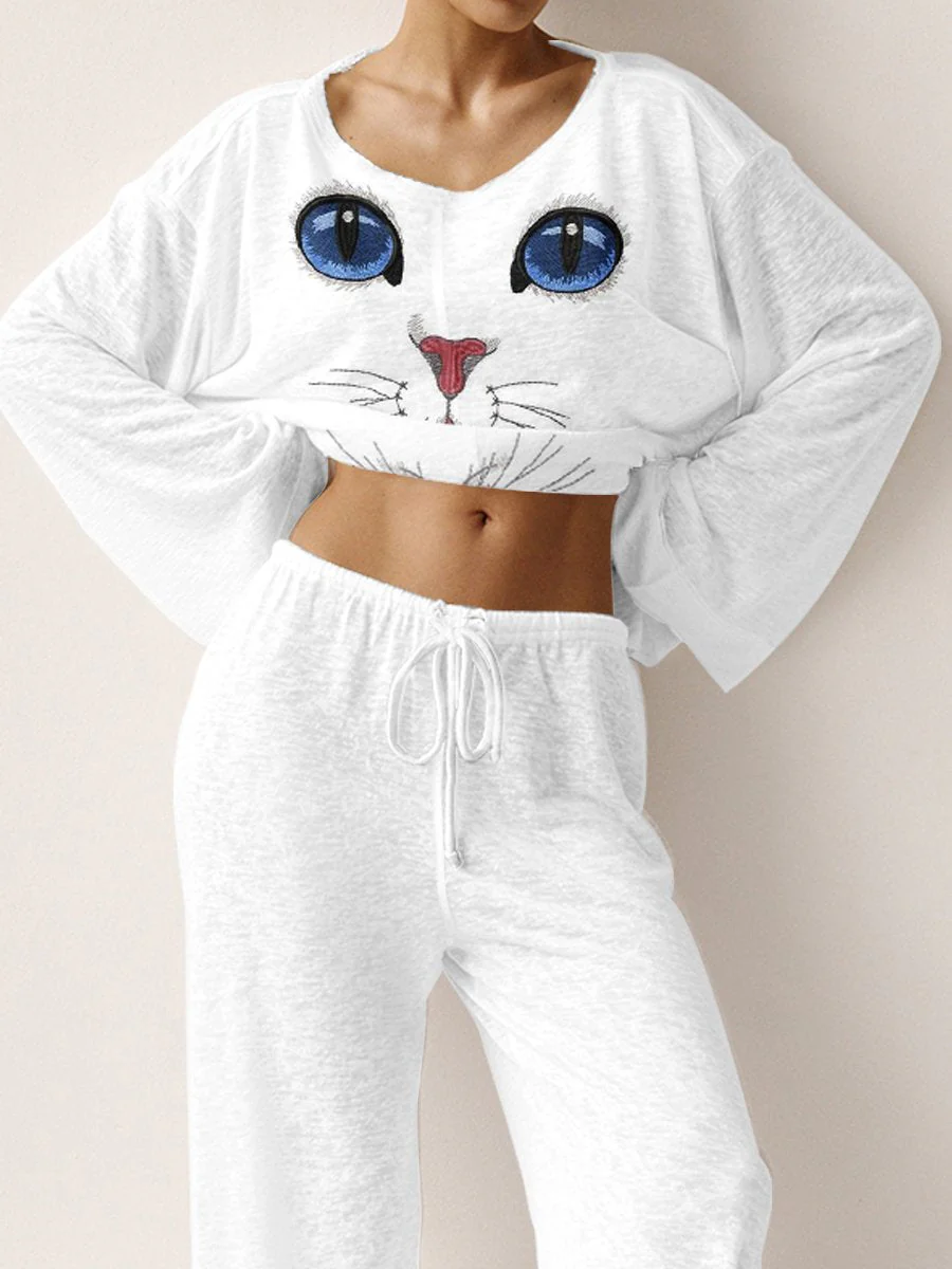Women's Hand-painted Cat Face Pattern Knitted Round Neck Long Sleeve Suit - Image 3