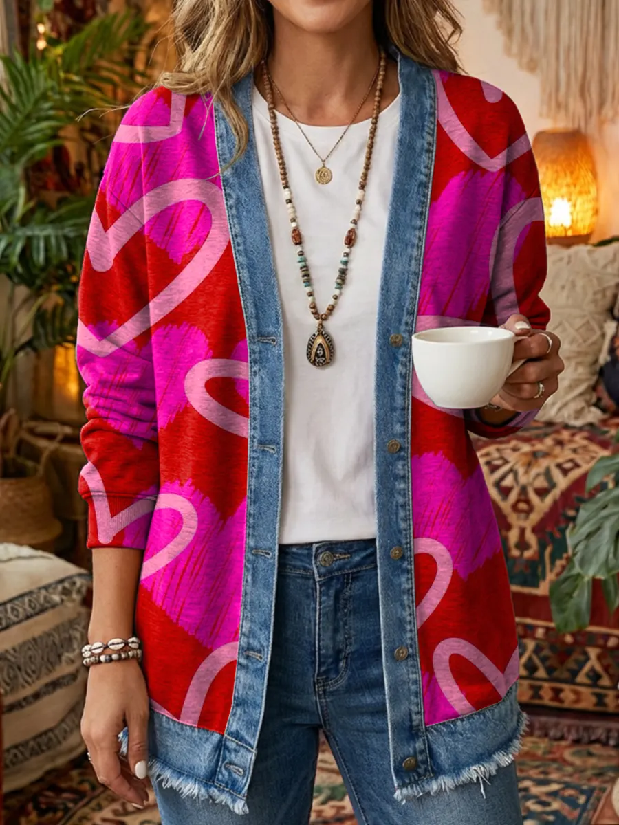 Women's Heart Pattern Art Print Casual Long-sleeved Denim Patchwork Jacket