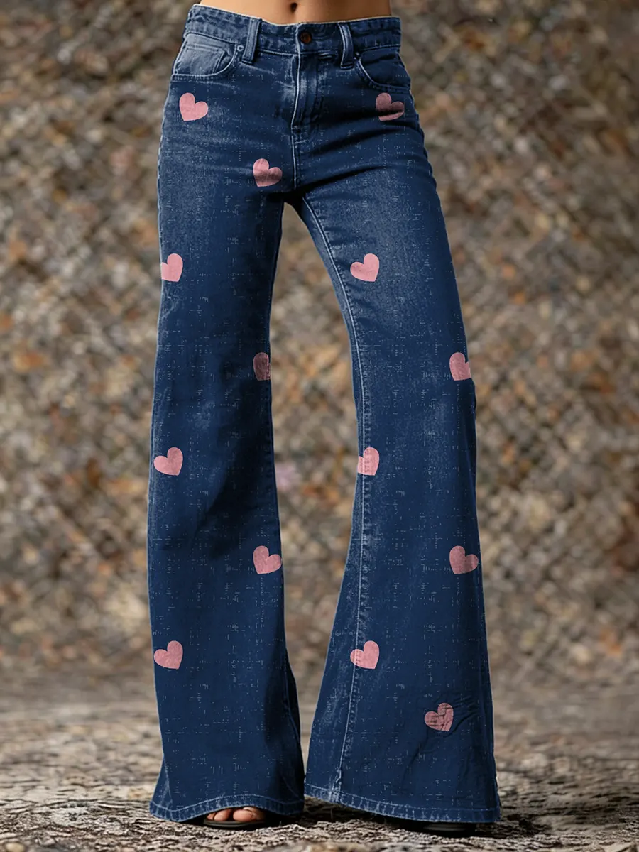 Women's Heart-pattern Art Print Washed Denim Jeans