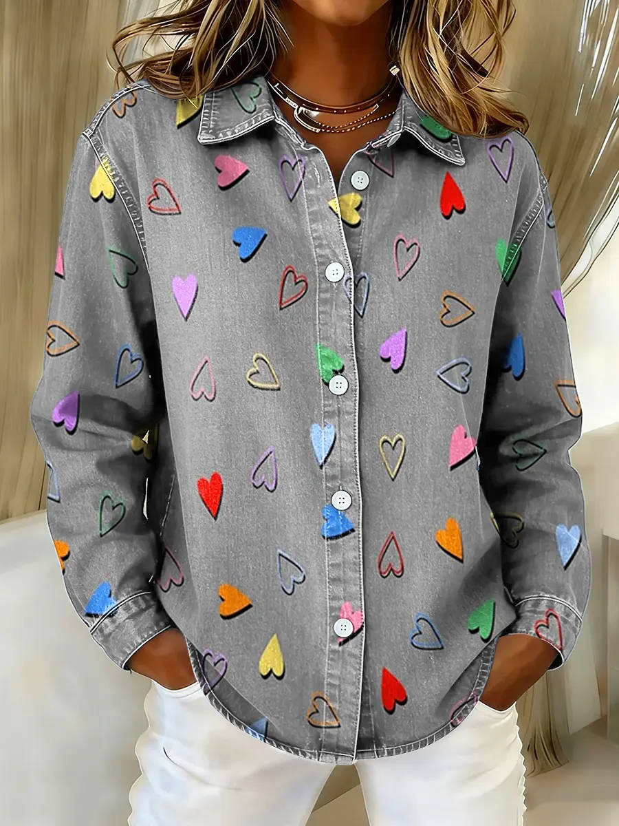 Women's Heart-Shaped Art Print Washed Denim Cotton Shirt