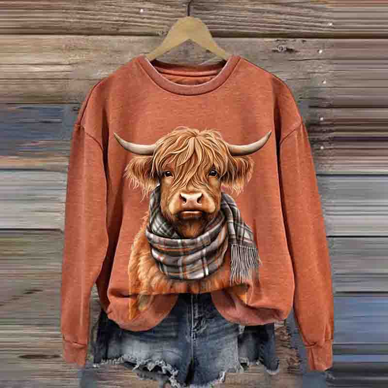 Women's Highland Cow Print Round Neck Sweatshirt - Image 2