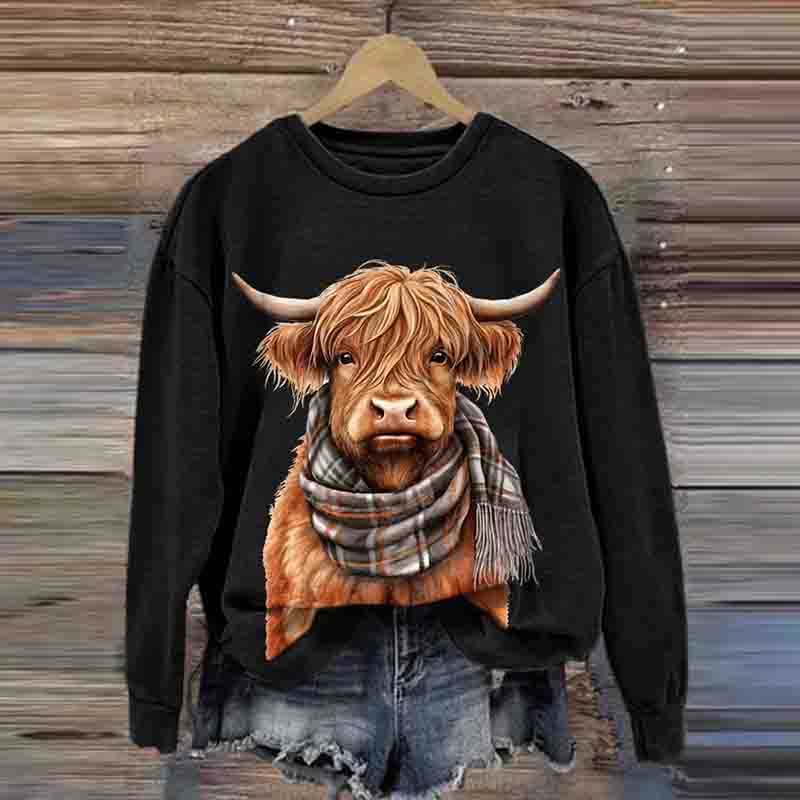 Women's Highland Cow Print Round Neck Sweatshirt - Image 4