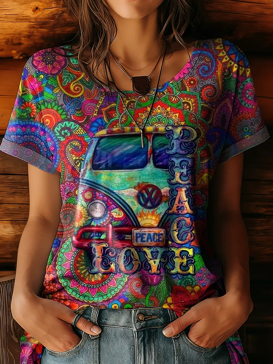 Women's Hippie Art Prints Crew Neck Cotton T-Shirt