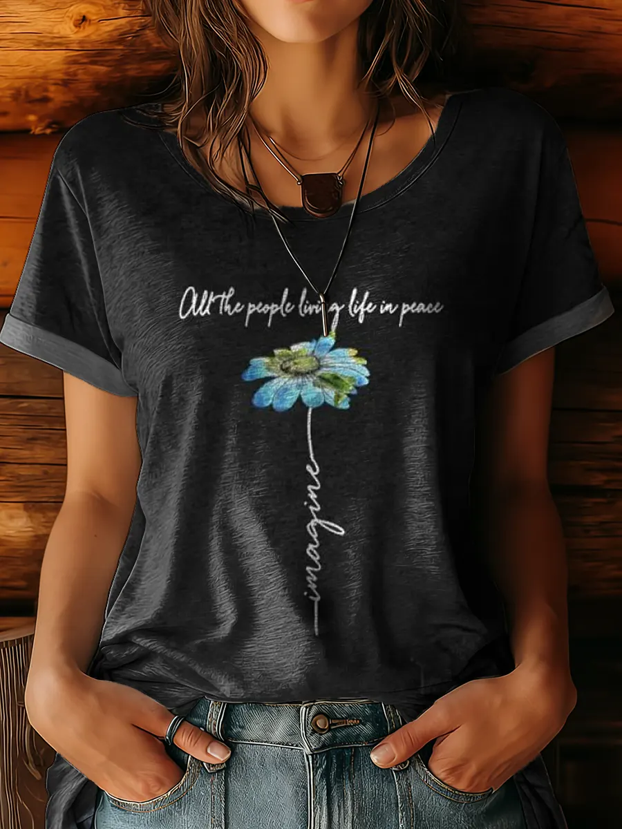 Women's Hippie Floral Art Print Casual Round Neck Short Sleeve T-shirt