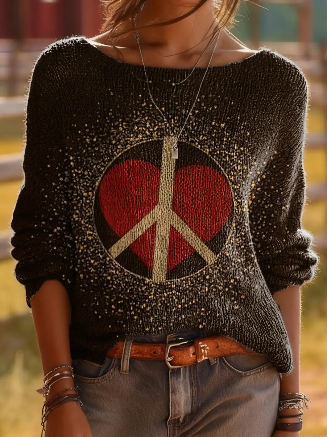 Women's Hippie Heart Art Print Comfortable Crew Neck Sweater