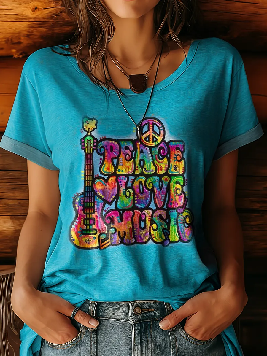 Women's Hippie Love Heart Music Art Print Casual Round Neck Short Sleeve T-shirt