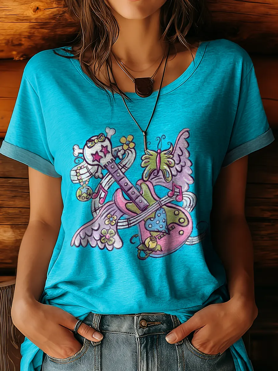 Women's Hippie Music Art Print Casual Round Neck Short Sleeve T-shirt