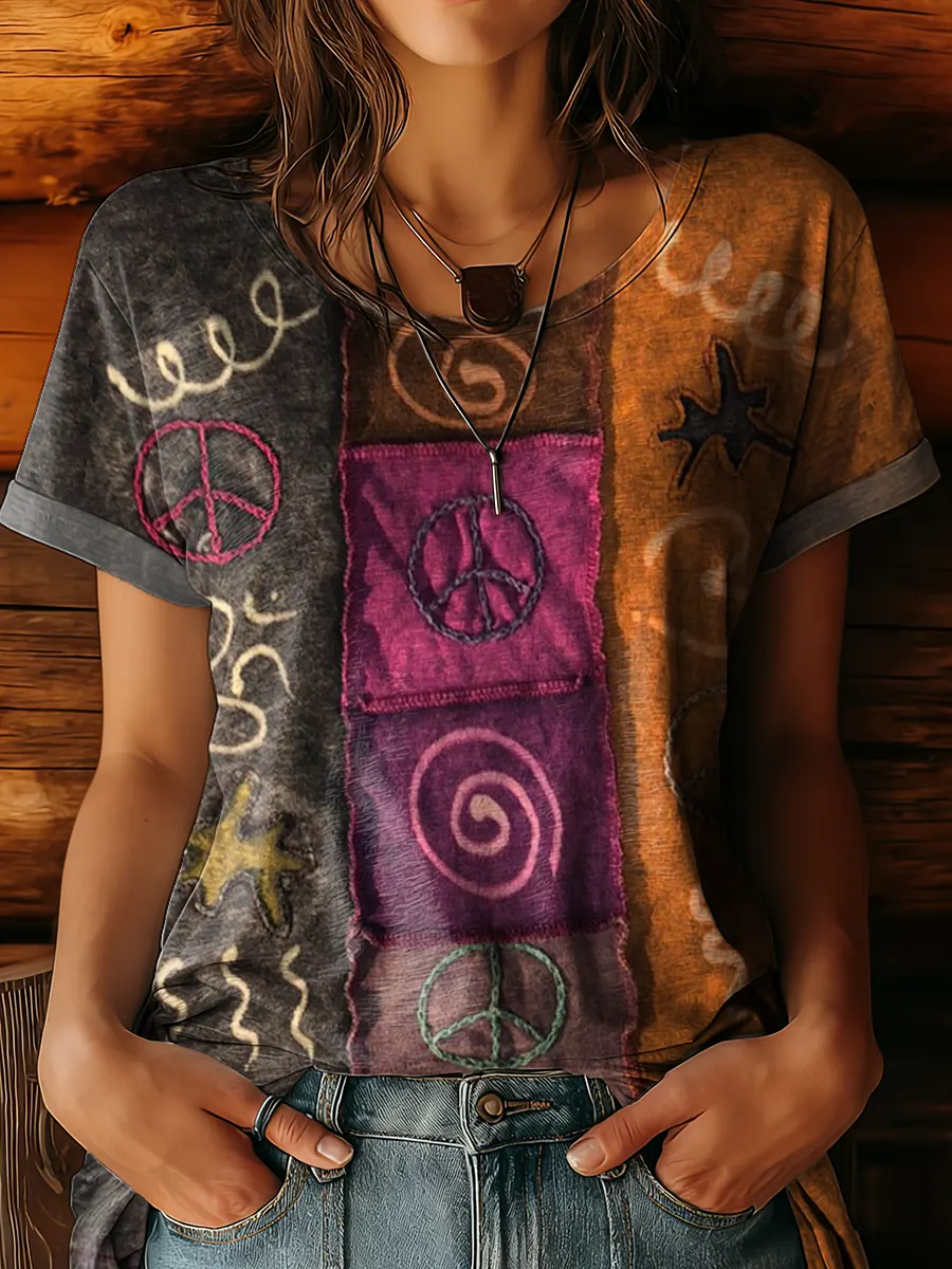 Women's Hippie Patchwork Art Print Crew Neck 100% Cotton T-shirt