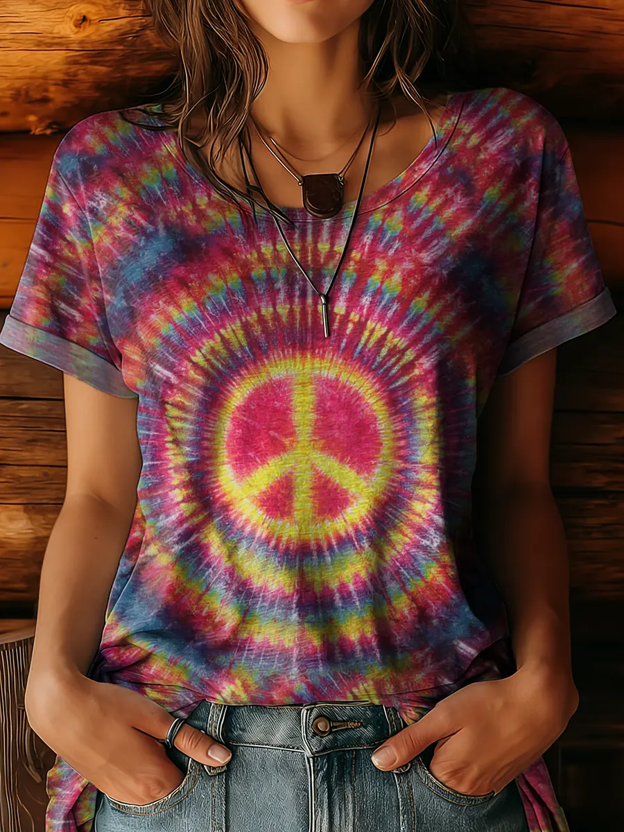 Women's Hippie-print Artwork Crewneck 100% Cotton T-shirt