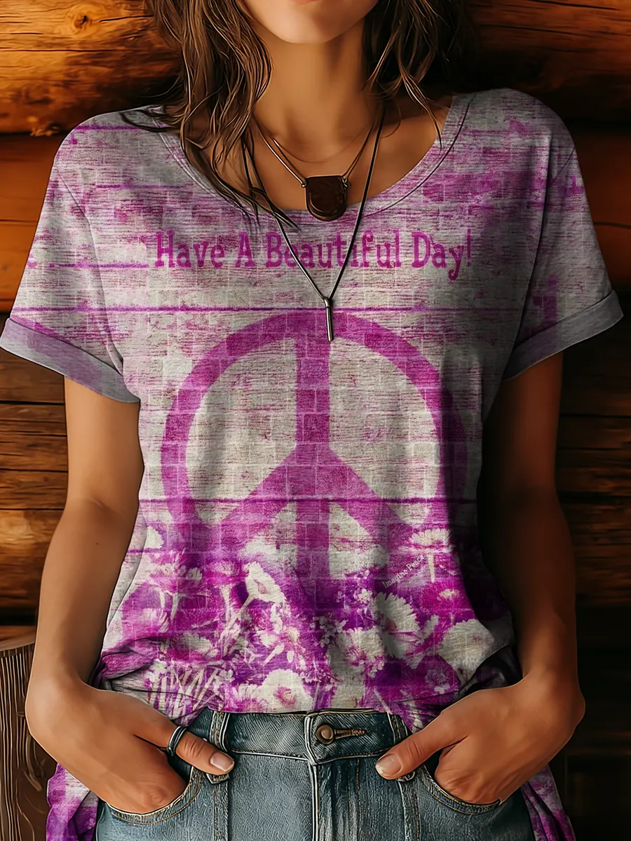 Women's Hippie-print Artwork Crewneck 100% Cotton T-shirt