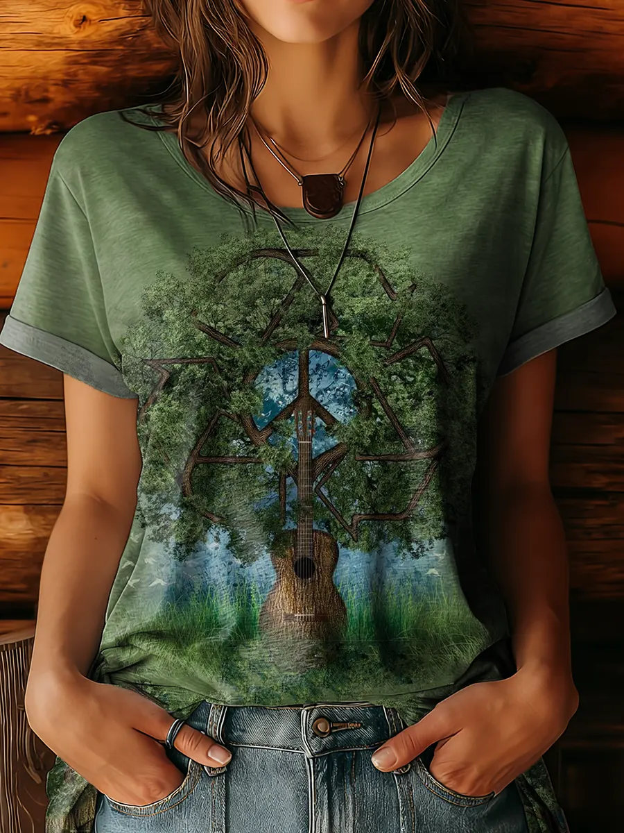 Women's Hippie-print Artwork Crewneck 100% Cotton T-shirt