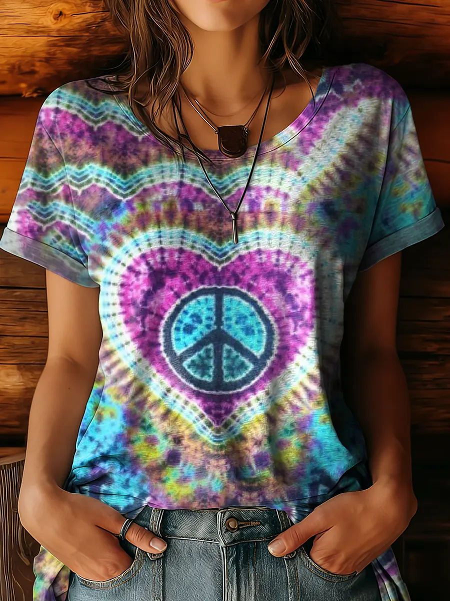 Women's Hippie-print Artwork Crewneck 100% Cotton T-shirt