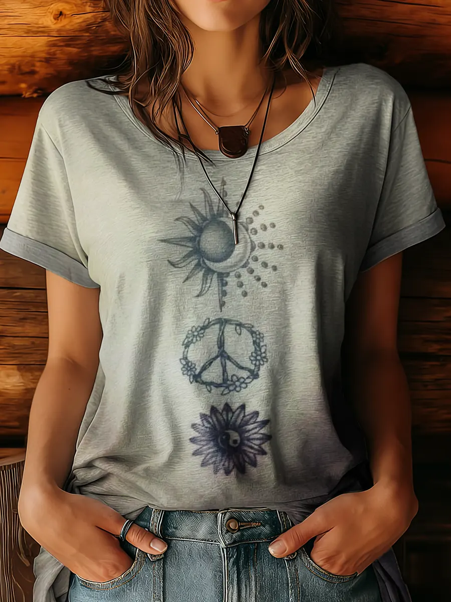 Women's Hippie Sun Moon Art Print Casual Round Neck Short Sleeve T-shirt