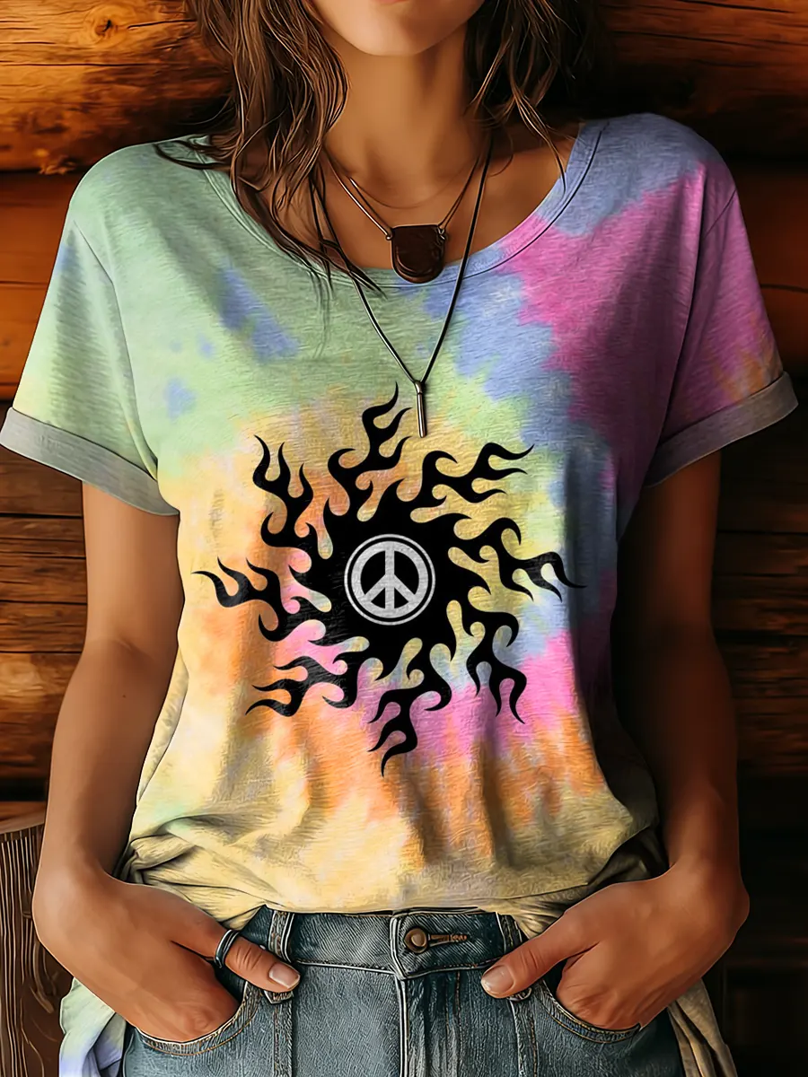 Women's Hippie Sunfloral Art Print Casual Round Neck Short Sleeve T-shirt