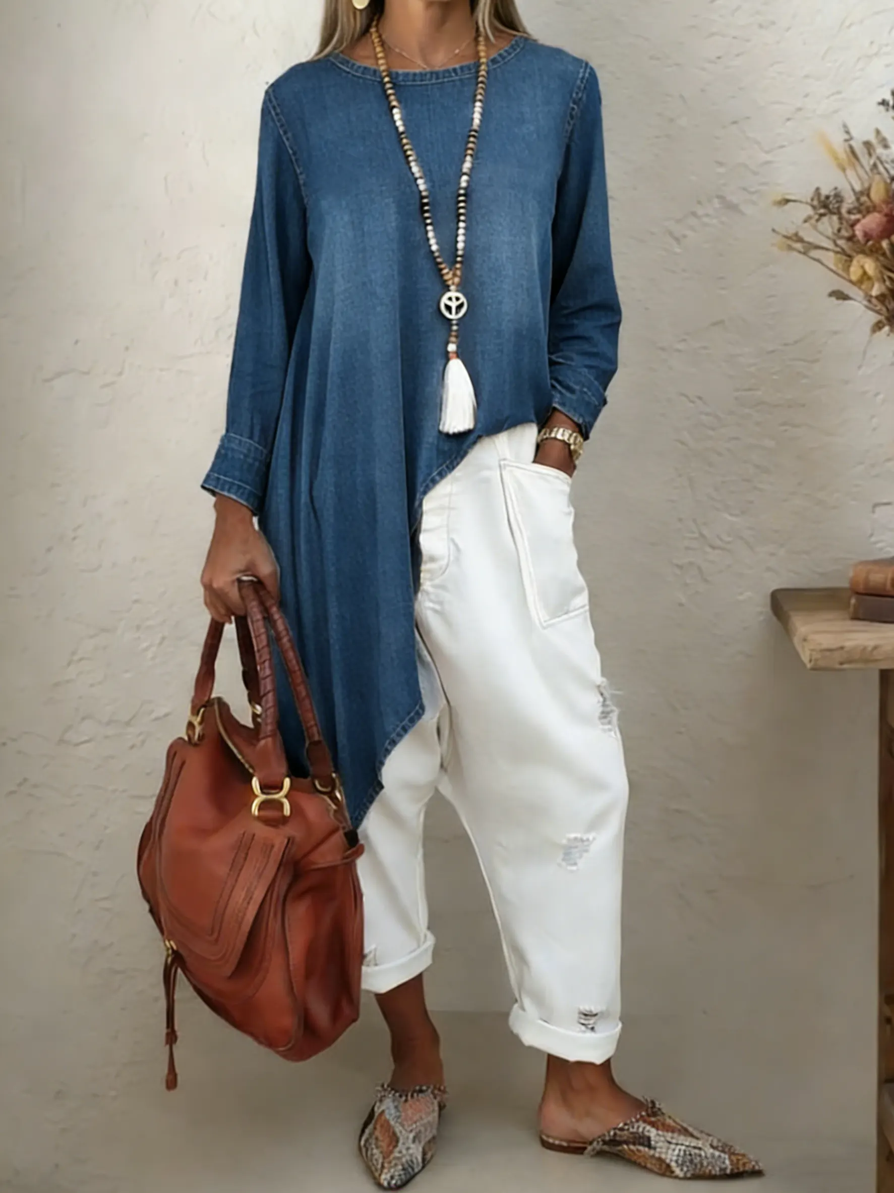 Women's Irregular Hem Long-sleeve Denim Top