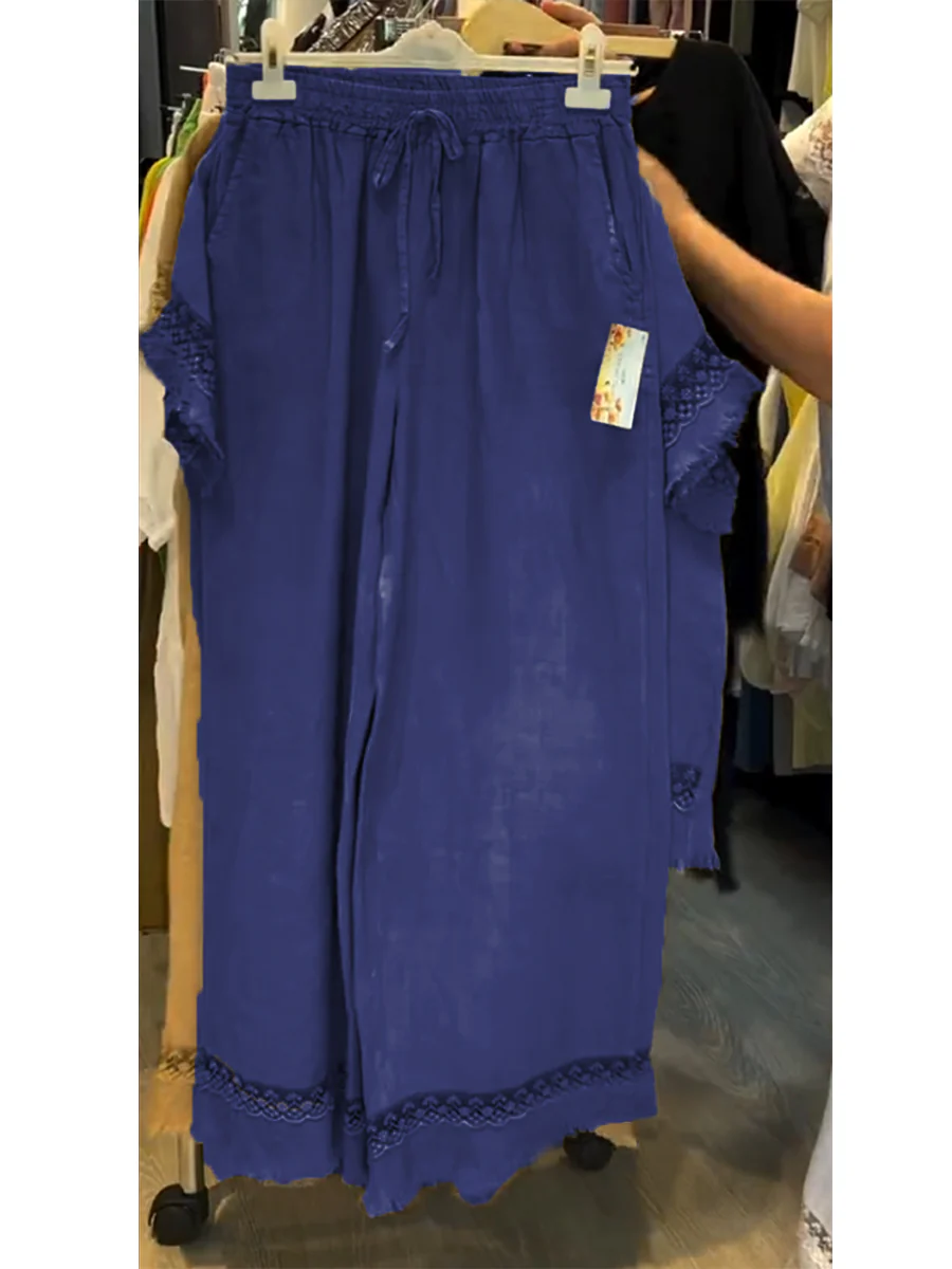 Women's Lace-paneled Cotton and Linen Top and Pants Two-piece Set - Image 10
