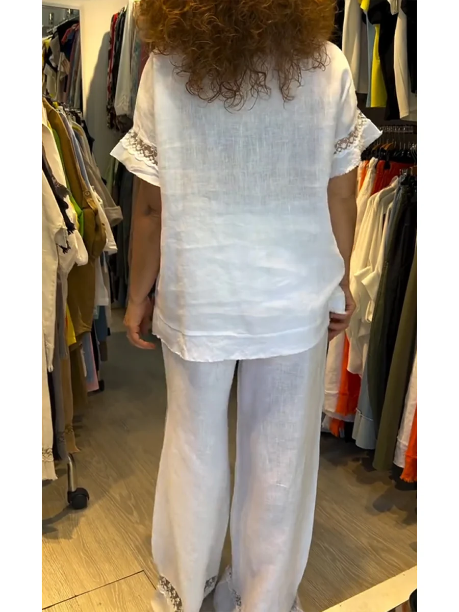 Women's Lace-paneled Cotton and Linen Top and Pants Two-piece Set - Image 2