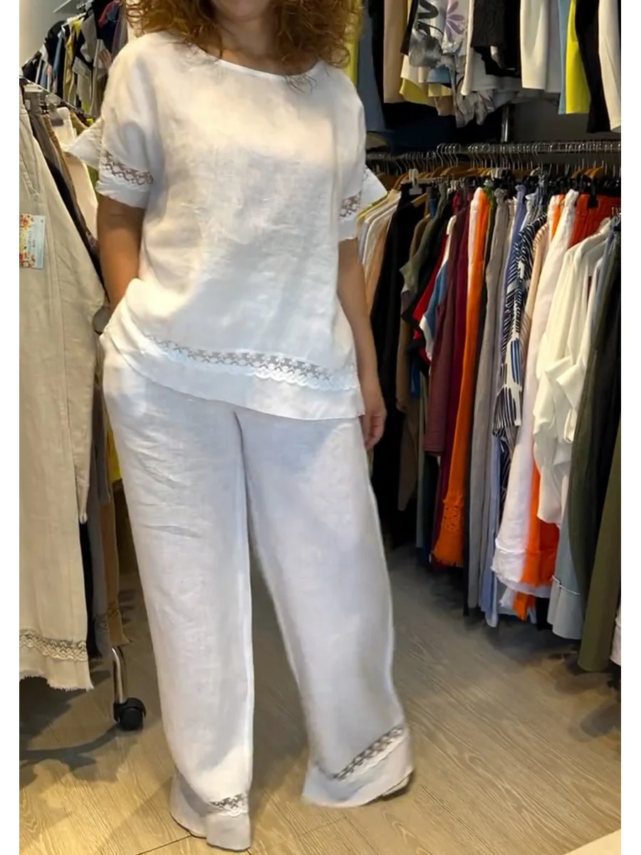 Women's Lace-paneled Cotton and Linen Top and Pants Two-piece Set - Image 3