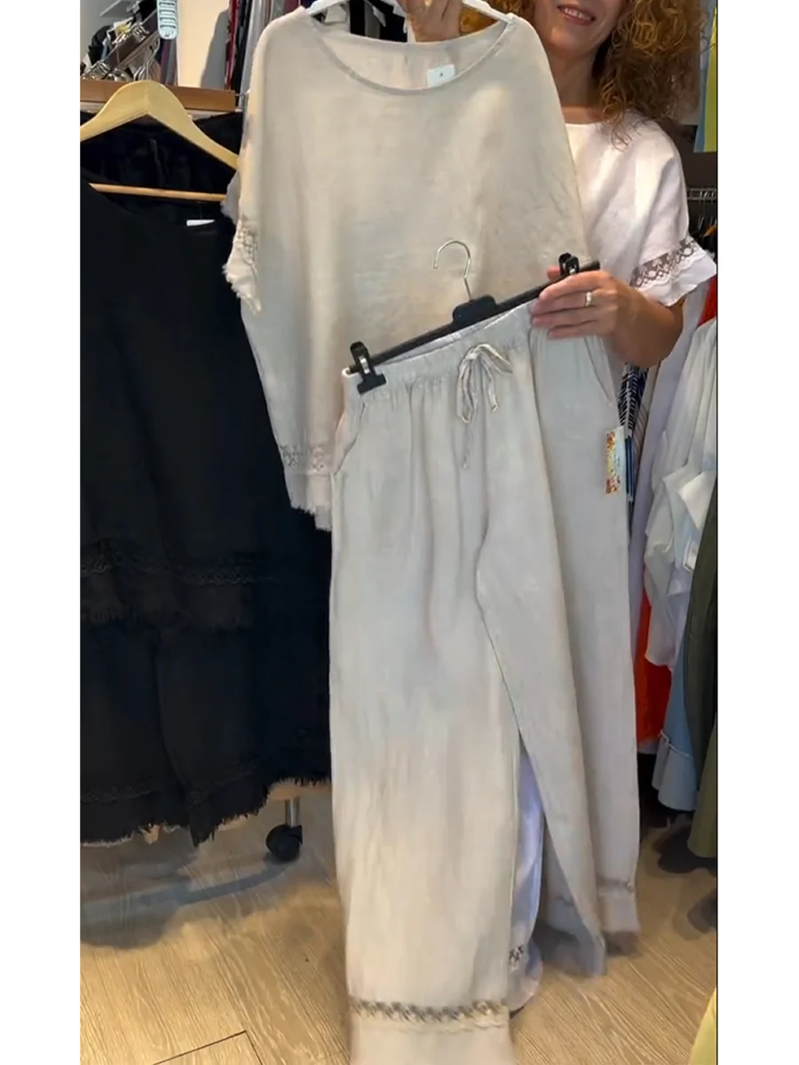 Women's Lace-paneled Cotton and Linen Top and Pants Two-piece Set - Image 5
