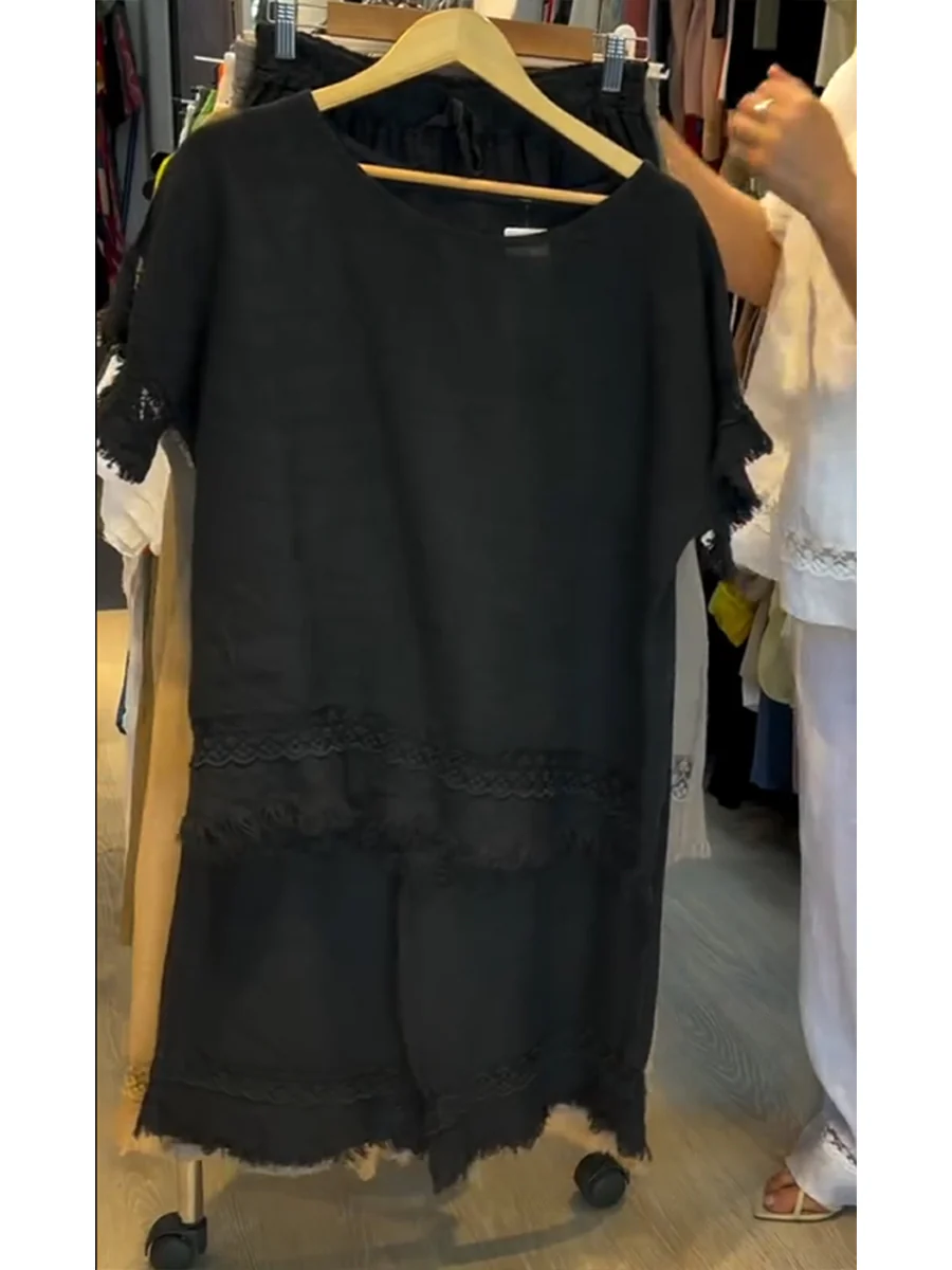 Women's Lace-paneled Cotton and Linen Top and Pants Two-piece Set - Image 6
