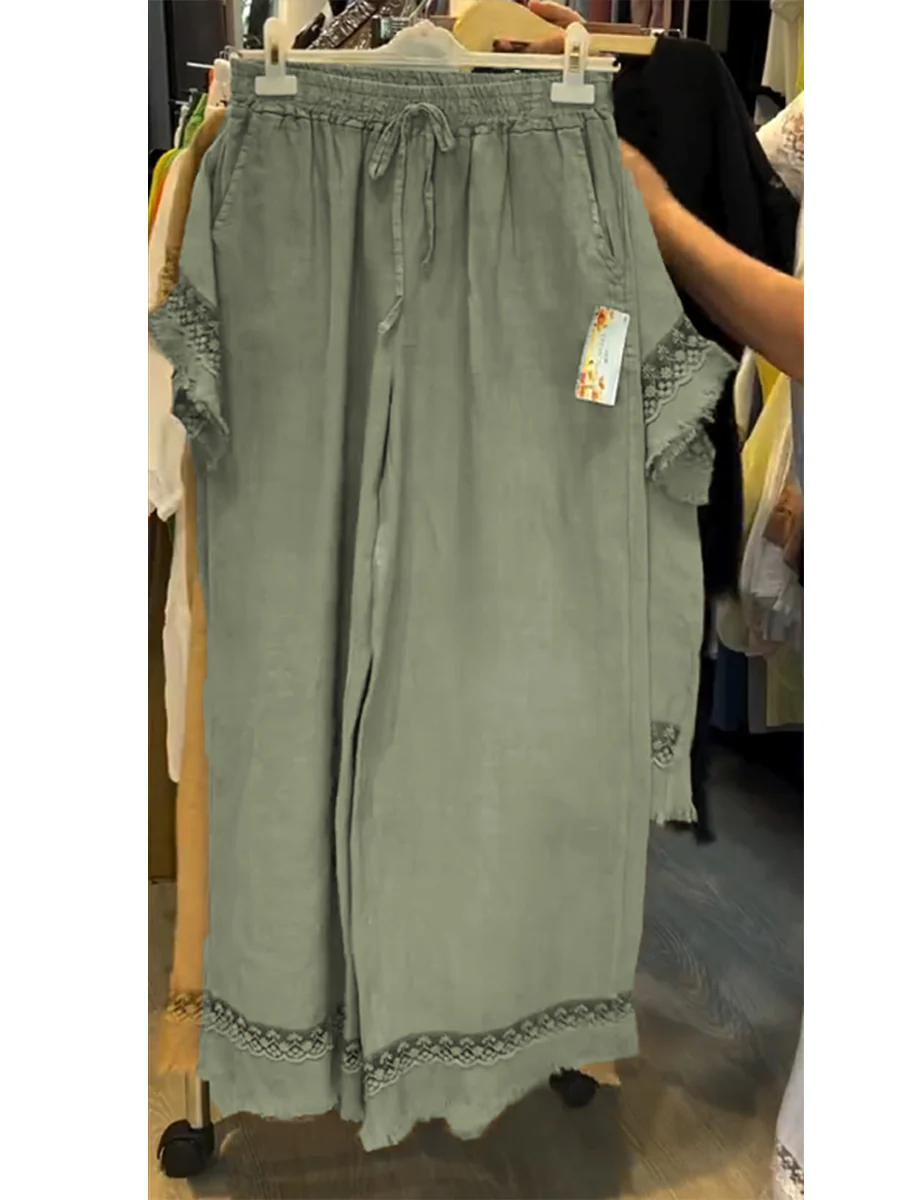 Women's Lace-paneled Cotton and Linen Top and Pants Two-piece Set - Image 8