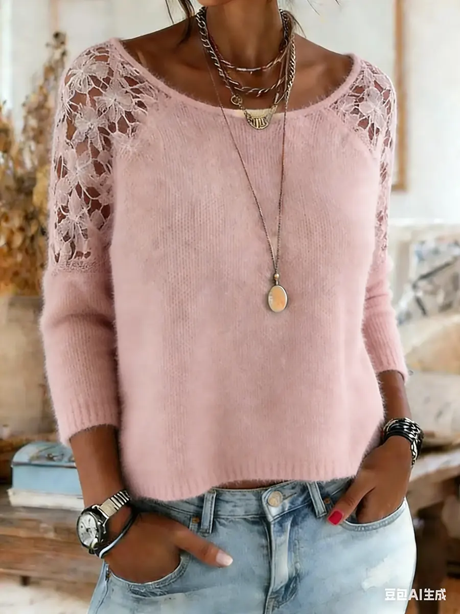 Women's Lace Patchwork Long Sleeve Crew Neck Sweater - Image 2