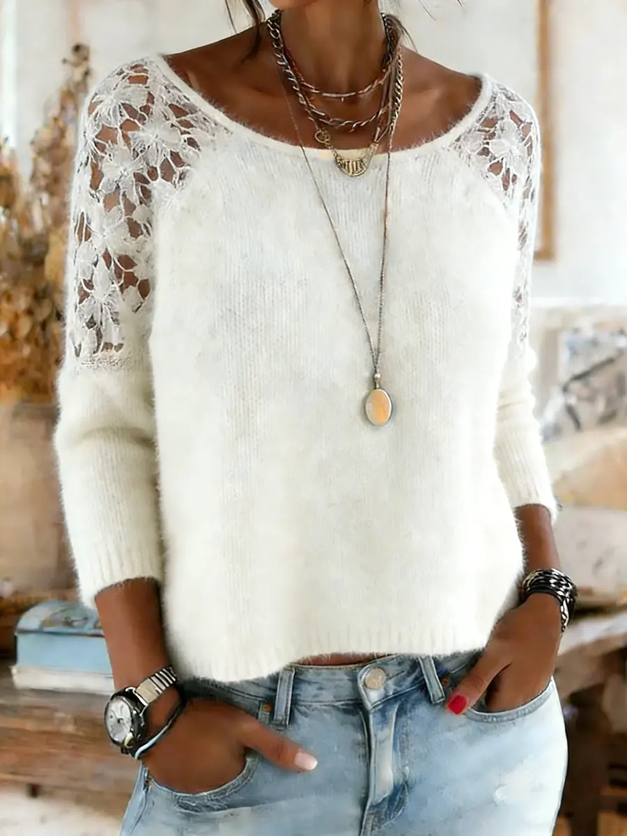 Women's Lace Patchwork Long Sleeve Crew Neck Sweater - Image 3