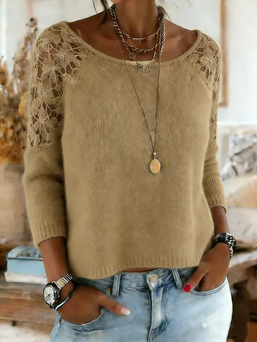 Women's Lace Patchwork Long Sleeve Crew Neck Sweater - Image 5