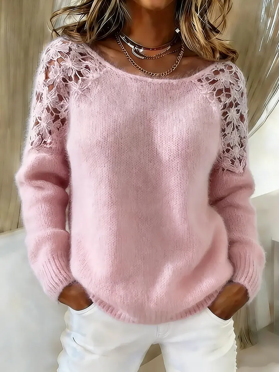 Women's Lace Patchwork Long Sleeve Crew Neck Sweater - Image 2