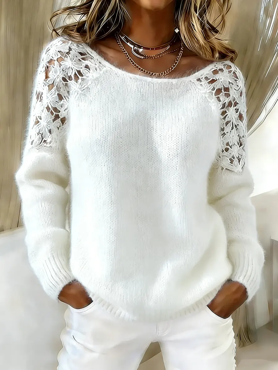 Women's Lace Patchwork Long Sleeve Crew Neck Sweater - Image 3