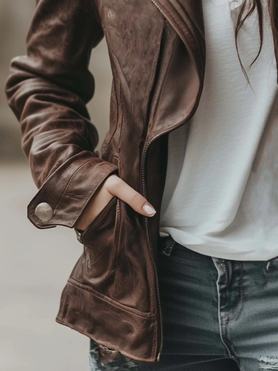 Women's Lapel Vintage Faux Leather Jacket - Image 4