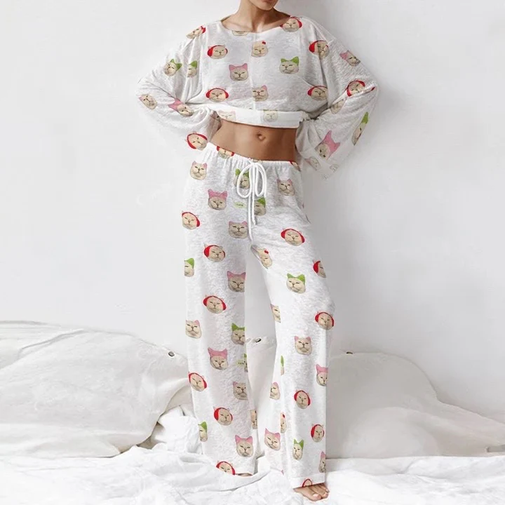 Women's Long Cat Print Sleeve Cotton Homewear Set - Image 3