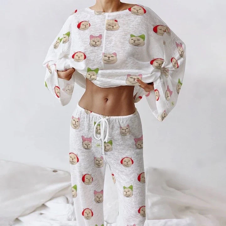Women's Long Cat Print Sleeve Cotton Homewear Set - Image 4