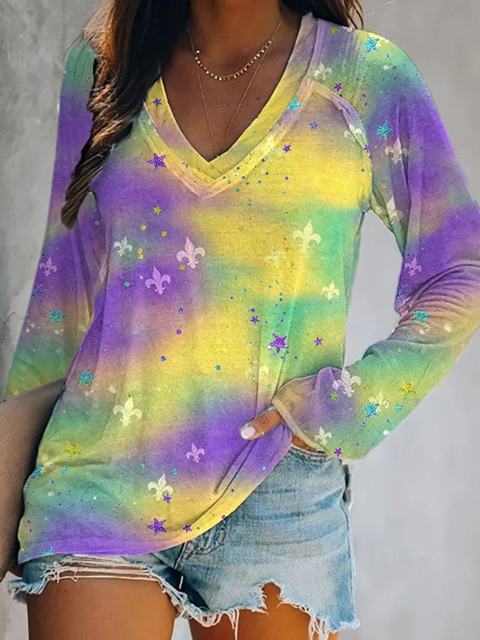Women's Louisiana Mardi Gras Print V-Neck Long Sleeve T-Shirt