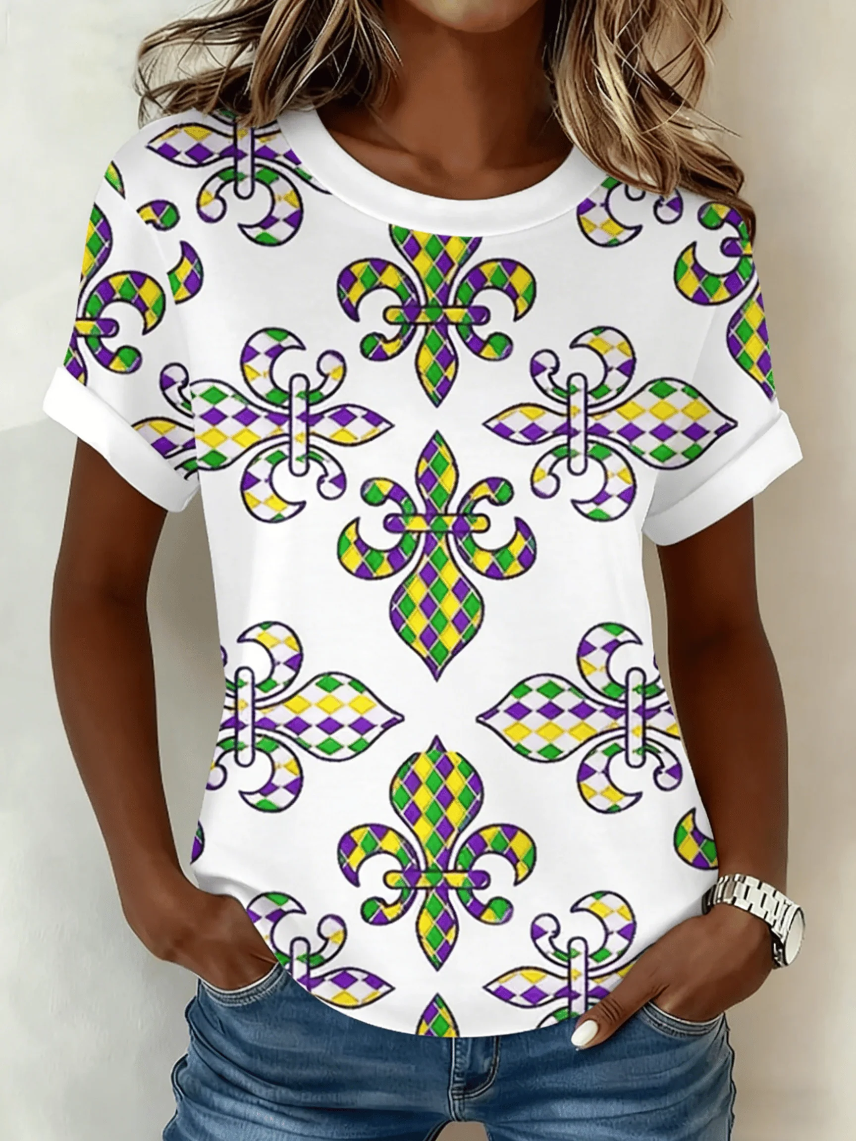Women's Mardi Gra Printed Short-Sleeved T-Shirt - Image 2