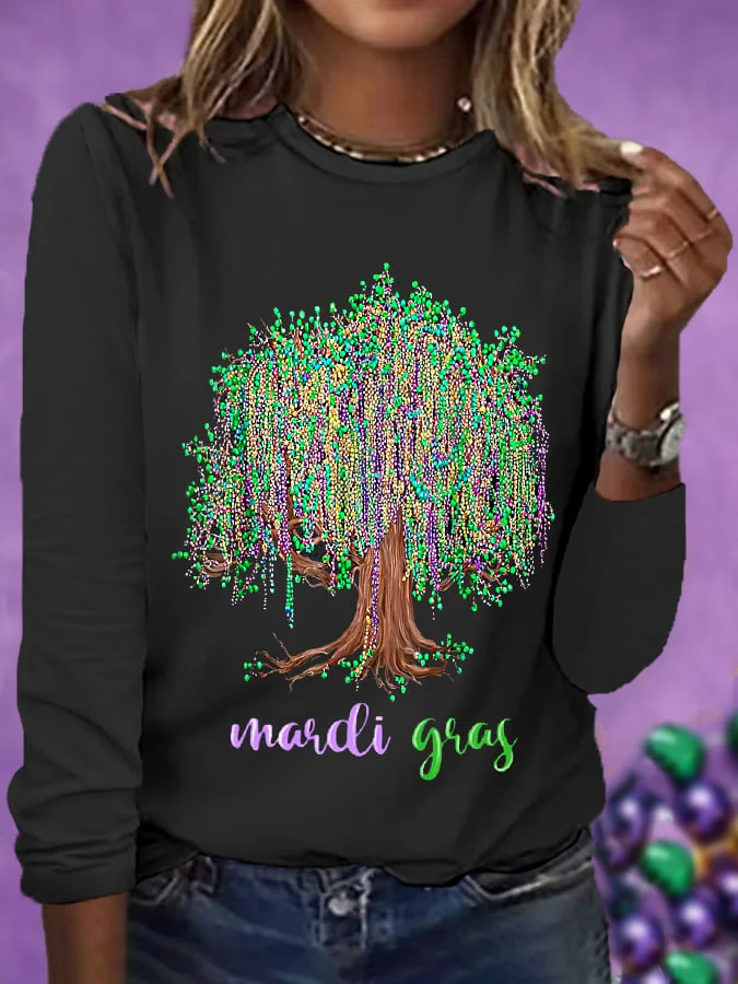 Women's Mardi Gras Beads Tree Casual Long-Sleeve T-Shirt - Image 3