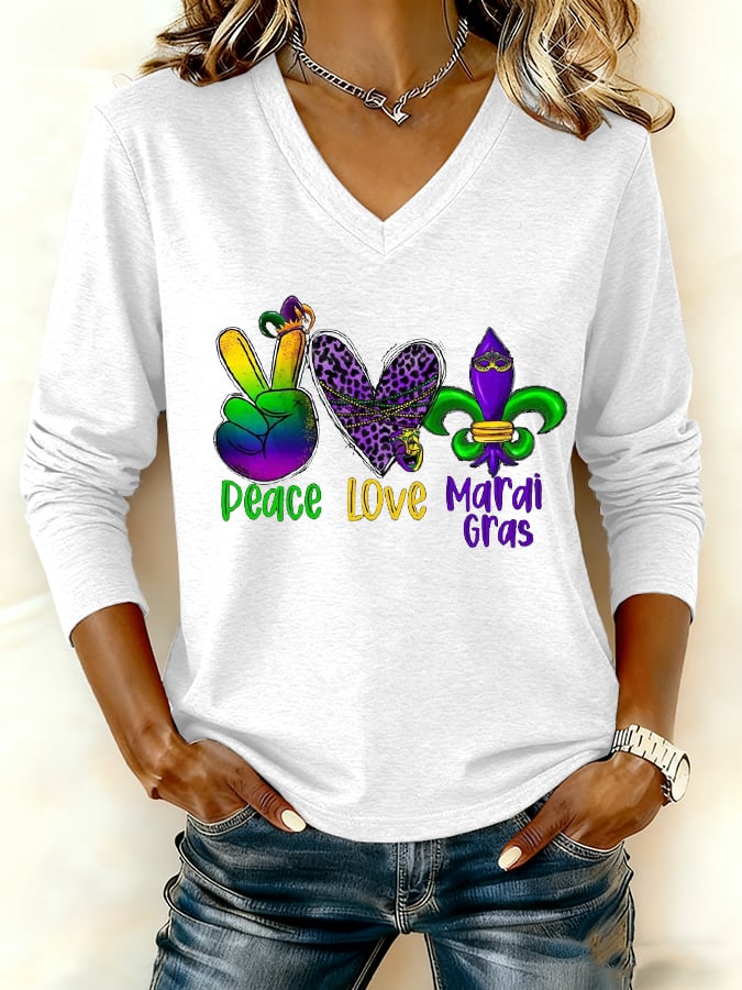 Women's Mardi Gras Gradient Design Print V-Neck Long Sleeve T-Shirt