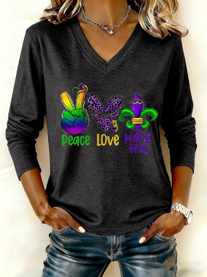 Women's Mardi Gras Gradient Design Print V-Neck Long Sleeve T-Shirt - Image 3