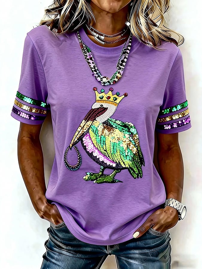 [Christmas Gifts]Women's Mardi Gras Pelican Print Round Neck T-Shirt