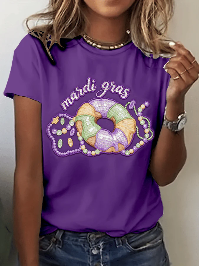 Women's Mardi Gras Print Crew Neck T-Shirt