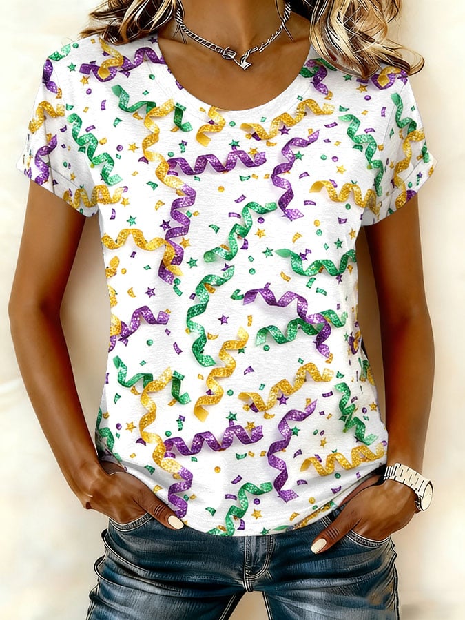 Women's Mardi Gras Print Crew Neck T-Shirt